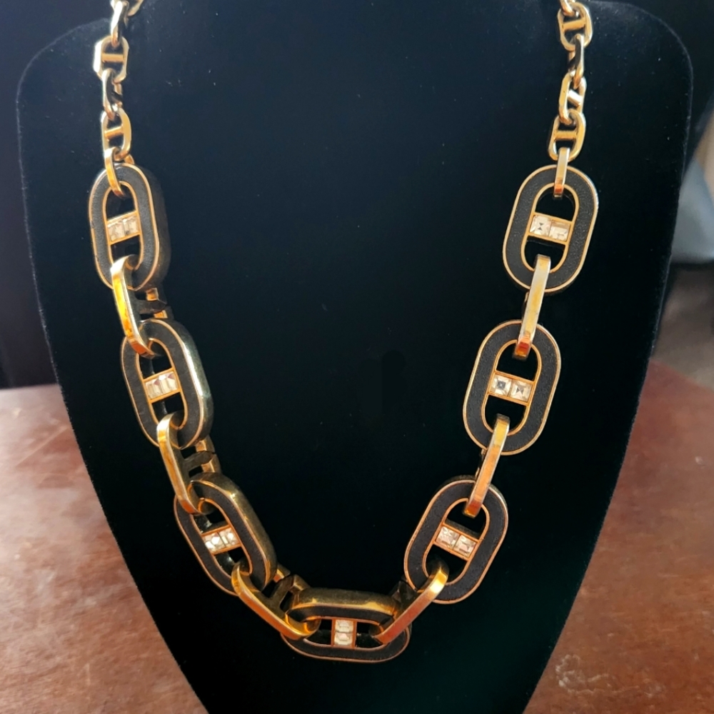 Ann Taylor short gold statement necklace with black and jewel chain links style.